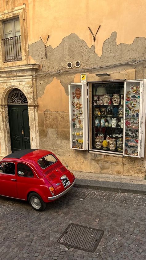 Old Red Car, Roman Pizza, Noto Sicily, Somewhere In Northern Italy 1983, Nostalgic Beauty, Vintage Scene, Mediterranean Aesthetic, Italy Vibes, Italian Town