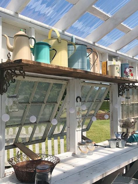 Old Window Potting Shed, Cottage Greenhouse Ideas, Greenhouse Addition To Shed, Greenhouse Made From Old Windows Diy, Green Potting Shed, Diy Greenhouse Shelves Potting Benches, Greenhouse Room Ideas, Greenhouse Window Ideas, Potting Area Ideas Spaces