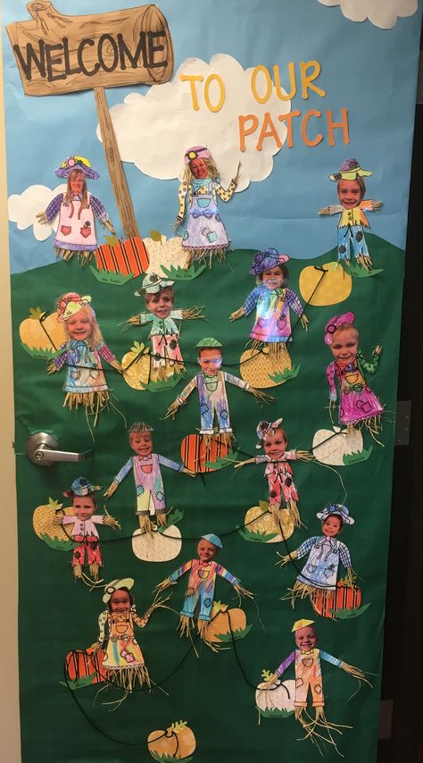 Fall door, Fall preschool door, welcome to our patch, scarecrow school door, scarecrow craft, pumpkin door Fall Door Decorations Classroom Scarecrow, Fall Leaf Door Decorations Classroom, Class Scarecrow Ideas, Fall Prek Door Decorations, Fall Prek Door Ideas, Fall Themed Preschool Door, Fall Themed Classroom Door Ideas, Pumpkin Patch Door Ideas, Welcome To Our Patch Classroom Door