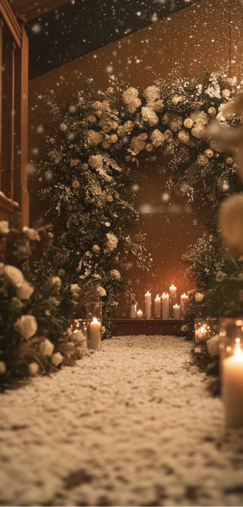 Elegant indoor winter wedding ceremony backdrop with cozy lighting and white floral decor. Winter Wedding Entrance, Winter Wonderland Wedding Ceremony Decor, Winter Wedding Ceremony Backdrop, Wedding Esthetics, Winter Wedding Ceremony Ideas, Cozy Outdoor Wedding, Winter Wedding Backdrop, Indoor Winter Wedding, Winter Wedding Arch