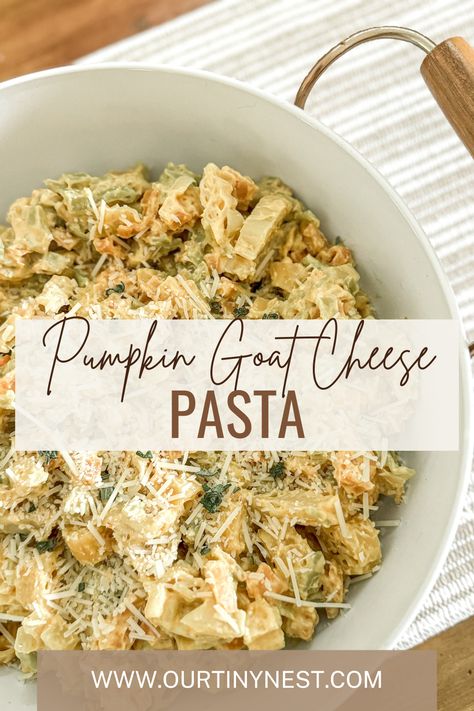 A recipe for pumpkin goat cheese pasta. This is a quick and easy comforting meal for the fall. Pasta topped with a creamy pumpkin goat cheese sauce and sage. Pumpkin Goat Cheese Pasta, Pumpkin Goat Cheese, Fall Pasta, Cheese Pasta Recipes, Goat Cheese Pasta, Fall Recipes Pumpkin, Pumpkin Sauce, Budget Family Meals, Pumpkin Pasta