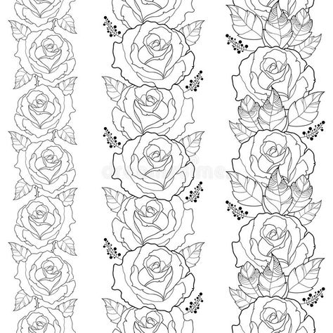 Vector seamless vertical border with outline rose flower and foliage in black isolated on white background. Floral pattern. Vector seamless vertical border with stock illustration White Background Floral, Royal Icing Templates, Rose Outline, Fabric Painting Techniques, Textile Art Embroidery, Hand Painted Clothing, Rose Illustration, Background Floral, Diy Embroidery Patterns