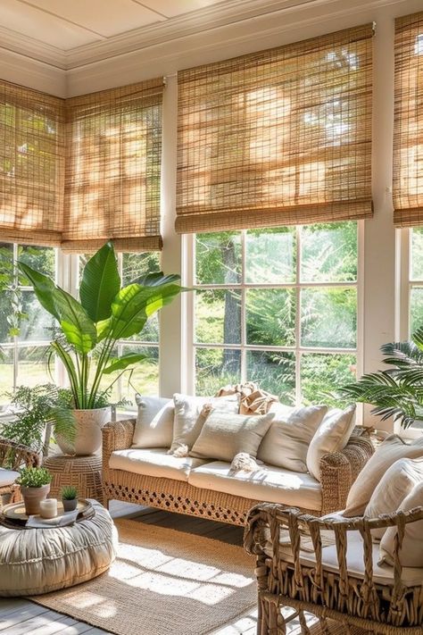 29 Boho Window Treatments For A Stylish Home - Courtneys World Boho Living Room Window, Boho Window Treatments, Boho Shades, Lace Window Treatments, Woven Blinds, Living Room Window Treatments, Small Kids Bedroom, Boho Window, Cortinas Boho