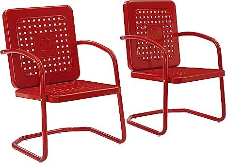 Crosley Furniture CO1025-RE Bates 2-Piece Retro Metal Outdoor Arm Chair Set, Bright Red Gloss Retro Patio Furniture, Metal Patio Chairs, Metal Outdoor Chairs, Outdoor Chair Set, Metal Armchair, Relaxing Outdoors, Outdoor Armchair, Small Outdoor Spaces, Lounge Chair Outdoor