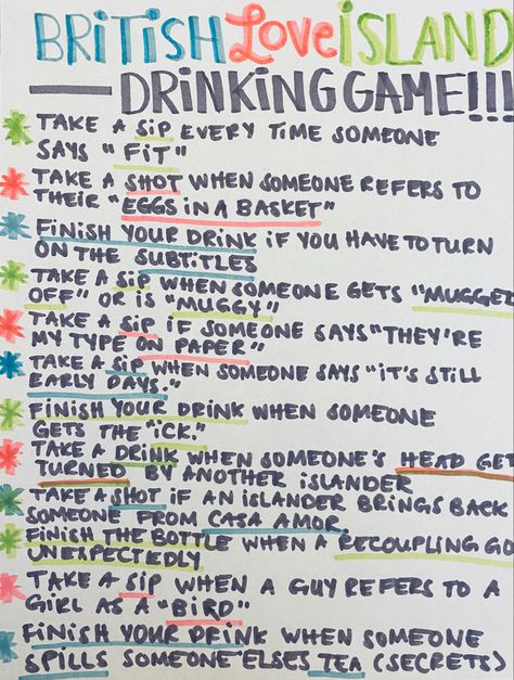 sip, shot or finish your drink when the islanders are being EXTRA British Love Island Drinking Game, Love Island Party Games, 21 Party Ideas 21st Birthday Drinking Games, Love Island Challenges, Friends Drinking Game, Love Island Party, Love Island Themed Party, Blow Cards Drinking Game, Bachelorette Drinking Games Tv Show