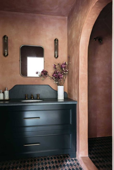 Tudor Mansion, Lime Wash Walls, Plastered Walls, House Of Hackney Wallpaper, Black Vanity Bathroom, Dark Grey Walls, Painted Vanity, Washing Walls, Tudor Style Homes