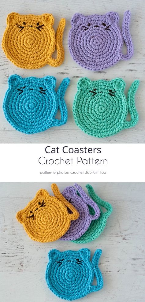 Animal Coaster Free Crochet Patterns Cat Coaster Free Pattern, Diy Crochet Coasters Free Pattern, Crocheted Cat Coasters Free Pattern, Free Cat Coaster Crochet Patterns, Crochet Pattern Coaster Free, Fat Cat Coasters Crochet Free Pattern, Crochet Cat Potholder, Cat Coasters Sewing, Free Crochet Cat Coaster Pattern