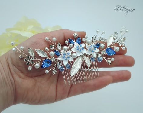 Blue Bridal Hair Comb Navy Blue Headpiece Silver Wedding | Etsy Sapphire Hair, Diamond Headpiece, Silver Wedding Hair, Blue Headpiece, Blue Wedding Hair, Bridesmaid Hair Clips, Blue Hair Accessories, Floral Hair Pieces, Silver Head Piece