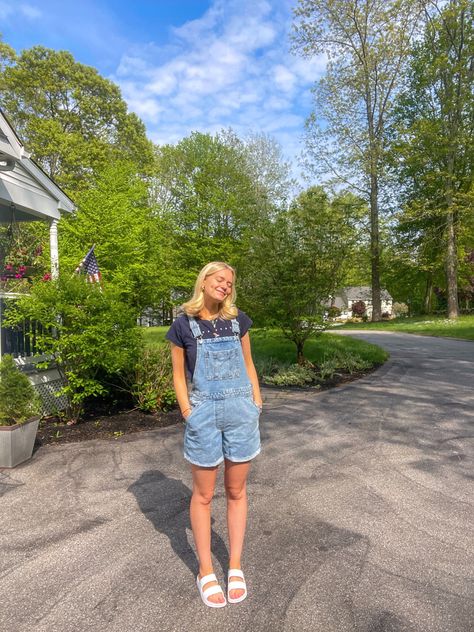 Overall denim overalls overall shorts blue denim ootd casual outfit inspo summer day greenery trees plants Shorts Overalls Outfit Summer, Aesthetic Overalls Outfit Short, Laura Outfits, Jean Overall Outfits, Overalls Outfit Short, Overall Shorts Outfit, Summer Camp Outfits, Shortalls Outfit, Overalls Outfits