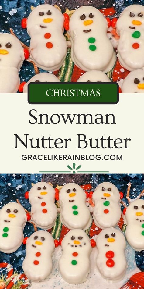 Snowman Nutter Butter Cookies are a super cute Christmas treat that you can make in just a few minutes. No skill required! This one is perfect for your Christmas Cookie Exchange or simply eating in front of the twinkling Christmas tree. | Christmas Nutter Butter cookies | Nutter Butter Snowman Cookies | white chocolate covered nutter butter snowmen | peanut butter sandwich cookie snowman | cute Christmas cookies | Cute Christmas Treats | Easy Christmas Treats Cookies White Chocolate, Christmas Cookies Kids, Christmas Cookie Recipes Holiday, Cute Christmas Cookies, Christmas Baking Recipes, Nutter Butter Cookies, Easy Christmas Treats, Snowman Cookies, Nutter Butter