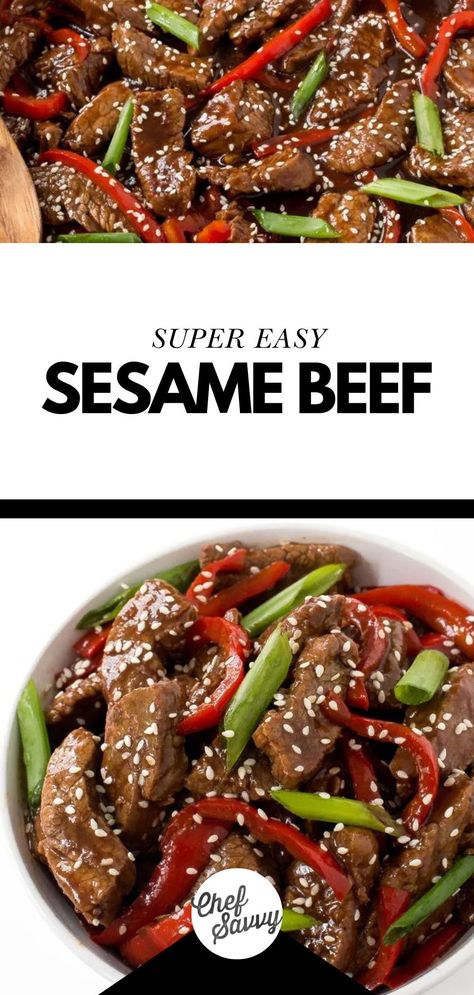 Try this Easy Healthy Sesame Beef Recipe! This super easy sesame beef recipe is comprised of tender flank steak that’s stir fried with red peppers and green onions. Best of all, it tastes better and is healthier than takeout! Follow Chef Savvy for more Dinner Ideas for Family! Asian Flank Steak, Tender Flank Steak, Steak Stirfry Recipes, Sesame Beef, Steak Stir Fry, Beef Stir Fry, God Mat, Flank Steak, Stir Fry Recipes