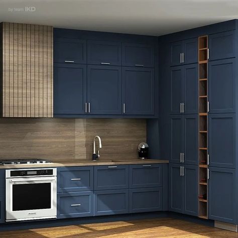 Inspired Kitchen Design | IKEA Kitchen Design - Axstad Matte Blue IKEA's Axstad Matte Blue Contrasted with Wood Countertops, Backspashes and Range Hood is an IKD... | Instagram Axstad Ikea Kitchen Blue, Ikea Kitchen Blue, Ikea Axstad Kitchen, Axstad Blue, Axstad Ikea, Kitchen Design Ikea, Axstad Kitchen, Ikea Axstad, Kitchen Ikea