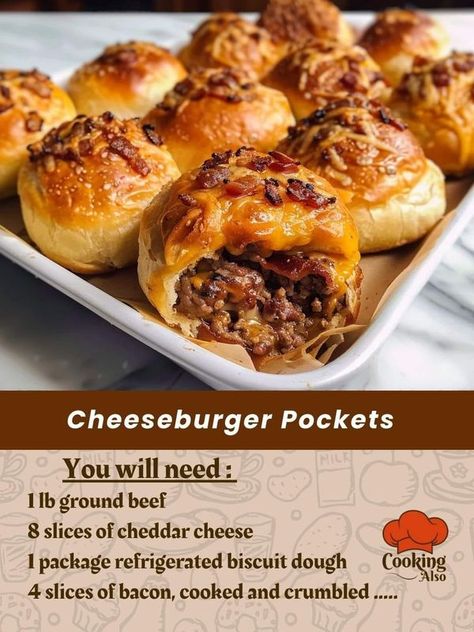 Hamburger Crescent Roll Recipes, Cheeseburger Pockets, Pilsbury Recipes, Cheeseburger Pizza, Savory Bread Recipe, Dinner Ingredients, Sandwhich Recipes, Pizza Pockets, School Recipes