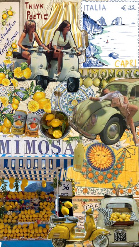 Yello Vespa, car with lemons, lemon stall, lemon juice, yellow houses, lemon decor, italian Fruit Tiles, Beach Juice, Italy Vespa, Pasta Lemon, Cafe Design Inspiration, Limoncello Spritz, Italy Birthday, Italian Beaches, Yellow Car