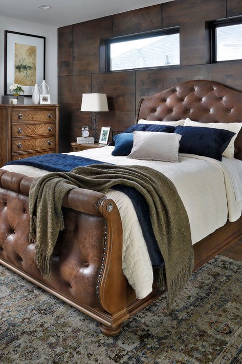 Carmen Upholstered Sleigh Bed is both kingly and contemporary with its scrolling camelback headboard and pleated footboard fully upholstered with a rich dark brown fabric with a rawhide leather look. Carmen Nightstand, Chest, Dresser, Mirror, and Media Chest are also available to complete the room. #furniturerow #bedroom #sleighbed #bed Leather Sleigh Bed, Small Home Remodeling, Upholstered Sleigh Bed, Dark Brown Fabric, Sleigh Bedroom Set, Sleigh Bed, Wardrobe Room, Rowe Furniture, Chest Dresser