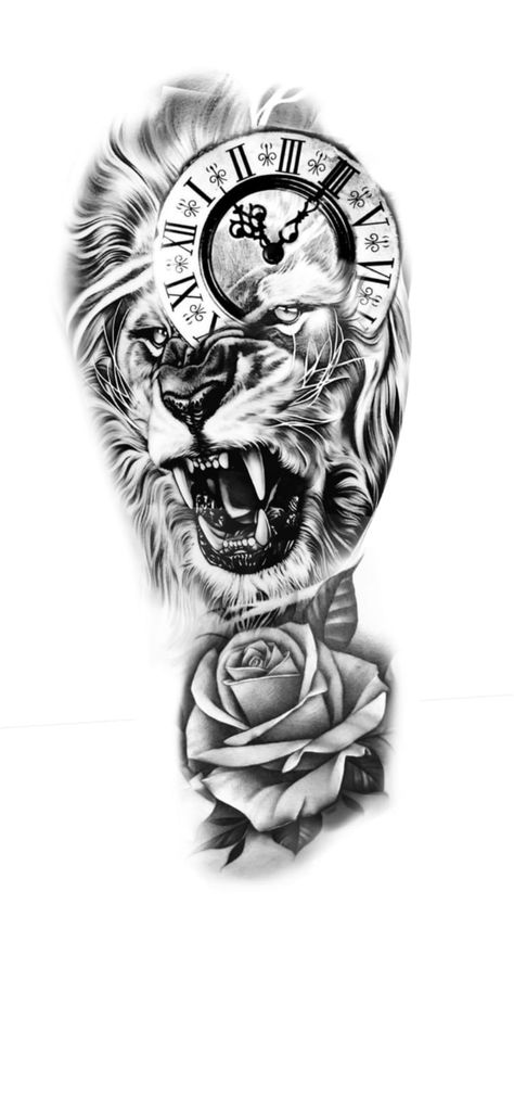 Lion And Clock Tattoo Design For Women, Clock Lion Tattoo, Lion Tattoo Cover Up, Sketch Tattoo Design Men, Lion Clock Tattoo Design, Lion And Clock Tattoo Design, Lion Tattoo Design Stencil, Clock Tattoo Design For Men, Lion Tattoo Sketch