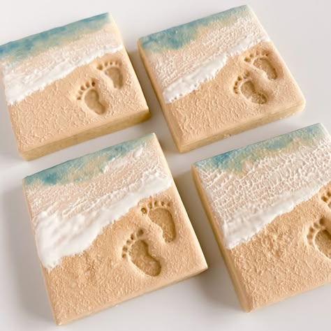 NEN - CUSTOM COOKIES + CAKES on Instagram: ““Footprints” or better known “Footprints in the Sand” is one of my favorite poems. Inspired by…” Beach Scene Cookies, Beach Soap Ideas, Ocean Theme Cookies Decorated, Beach Wedding Cookies Decorated, Ocean Decorated Cookies, Beach Theme Sugar Cookies, Beach Cookies Royal Icing, Beach Sugar Cookies Decorated, Beach Cookies Decorated