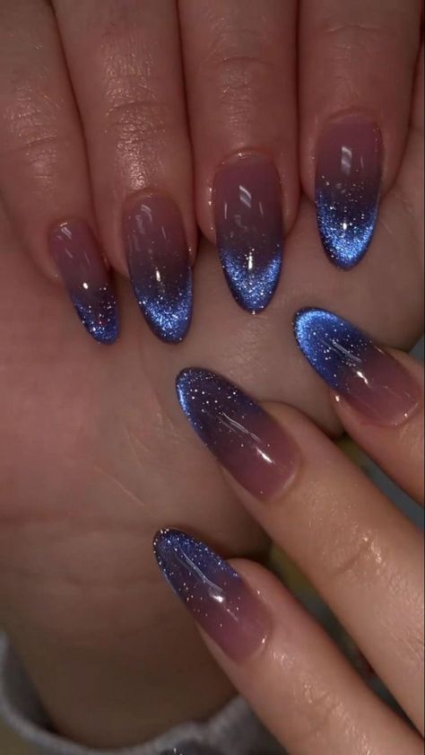 Blue Cat Eye French Tip Nails, Navy Blue Cat Eye Nails, Cat Eye Blue Nails, Cats Eye Nail Polish Gel, Dark Blue Cat Eye Nails, Cat Eye Tips Nails, Dark Cat Eye Nails, Nail Inspo Butterfly, Y2k Nails Blue