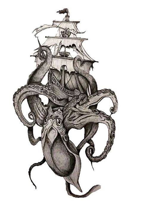 Cracken Octopus Tattoo, Octopus Ship Tattoo, Underwater Tattoo Design, Kraken Tattoo Design, Kraken Ship, Pirate Ship Tattoos, Underwater Tattoo, Book Lover Tattoo, Tattoo Perna