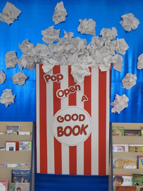 "Pop Open A Good Book" is fun idea for a reading bulletin board display with a popcorn theme.  Students could design popcorn bags and write about their stories on their bag templates...change it up for Sunday School...pop open The Good Book.... Pop Open A Good Book, Book Bulletin Board, Popcorn Theme, Reading Display, School Library Displays, Library Bulletin Board, Reading Bulletin Boards, Library Book Displays, Library Bulletin Boards