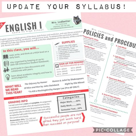 My New Syllabus!                  --->Created on Canva! Syllabus Design, High School English Syllabus, Syllabus Template High Schools, Teacher Syllabus, High School Syllabus, Teaching Classroom Procedures, Syllabus Template, Teaching High School English, Classroom Strategies