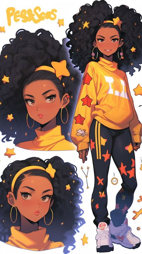 Afro Character Design, Afro Hair Drawing, Black Characters, Afro Hair, Black Anime Characters, Black Love Art, Black Art Pictures, Afro Art, Girls Characters