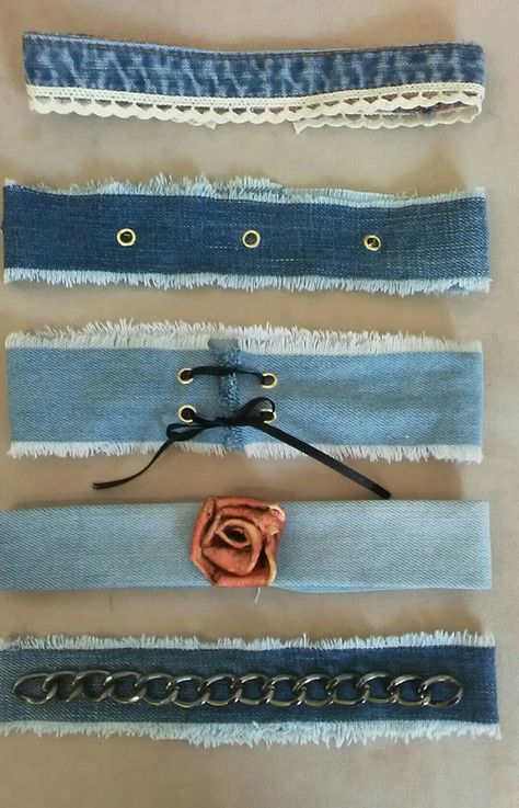 Diy Chockers, Choker Patterns, Fabric Cuff Bracelet, Corset Fashion Outfits, Urban Jeans, Jewelry Making Business, Denim And Diamonds, Denim Jewelry, Corset Fashion