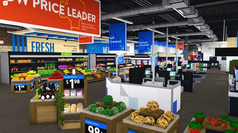 Walmart Bloxburg, Bloxburg Town Ideas List, Bloxburg City Shop Ideas, Stores In Bloxburg, Store Bloxburg, Walmart Decals Bloxburg, Nyc Bloxburg Layout, Bloxburg Grocery Store Ideas, Bloxburg Target