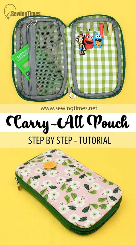 DIY Carry-All Pouch | How to make a zip around Pencil Case [sewingtimes] Zipper Pencil Pouch Pattern, Zip Around Pouch Pattern, Pencil Holder Sewing Pattern, Pen Pouch Pattern, Zippered Pencil Pouch Free Pattern, Pencil Pouch Sewing Pattern Free, Pencil Case Sewing Tutorial, Homemade Pencil Case, How To Make Pouch