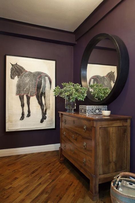 Modern Equestrian Decor Ideas to Flow Seamlessly With Your Home - The Plaid Horse Magazine Hall Dresser, Equestrian Interior, Equestrian Style Decor, Plum Walls, Apartment Entry, Greenwich Village Apartment, Equestrian Home Decor, Equestrian Design, Design Walls