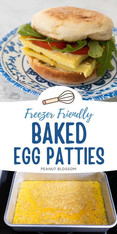 Freezer friendly baked egg patties are the perfect easy breakfast sandwich for a busy morning. Bake the eggs in a 9x13-inch pan and slice them into square patties and freeze them individually. Add them to an English muffin, piece of toast, or tuck them in a wrap for a delicious breakfast on the go. Easy Breakfast Sandwiches, Egg Patties, Easy Egg Bake, Quick Breakfast Sandwich, Oven Baked Eggs, Easy Breakfast Sandwich, Egg Biscuits, Egg Sandwich Breakfast, Baked Egg