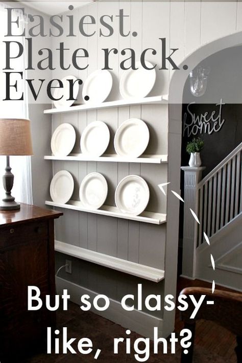 The Easiest DIY Plate Rack Ever - The Creek Line House                                                                                                                                                                                 More Plate Wall Shelves, Platter Display Shelf, Displaying Decorative Plates, Plate Holders For Wall, Wall Plate Display, Plate Display Ideas, Wall Plate Holder, Dining Rooms Ideas, Wall Mount Plate Rack