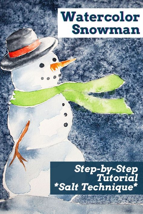 Snowmen Paintings, Outline Sketches, Watercolor Tutorial For Beginners, Watercolor Christmas Art, Watercolor Painting Tips, Watercolor Snowman, Watercolor Painting Tutorial, Salt Painting, Snow Effect