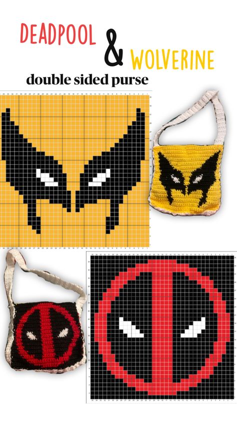 double sided crochet bag for deadpool and wolverine with grid Double Sided Crochet, Deadpool And Wolverine, Crochet Tutorial Pattern, Graph Crochet, Quick Crochet Patterns, Pixel Crochet, Crochet Business, Tapestry Crochet Patterns, Crochet Design Pattern