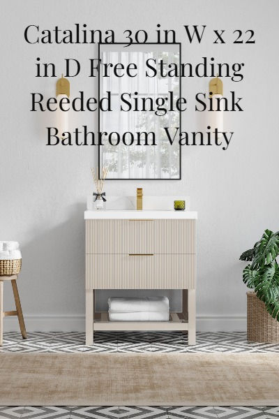 Catalina 30 in W x 22 in D Free Standing Reeded Single Sink Bathroom Vanity," here's a breakdown of what that generally signifies:

Dimensions:
30 inches wide: This size is well-suited for smaller bathrooms or powder rooms.   
22 inches deep: A typical depth for bathroom vanities.
Free Standing:
This indicates that the vanity rests directly on the floor, as opposed to being wall-mounted.   
Reeded:
"Reeded" refers to a design feature involving a series of parallel, convex moldings, creating a grooved or fluted texture. This adds a decorative, textured element to the vanity.   
Single Sink:
The vanity is designed to accommodate one sink basin.