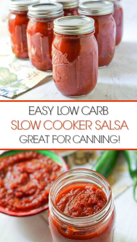 If you are a fan of homemade salsa, this is the best low carb salsa and you can make it in the slow cooker. This is great for making a big batch salsa and canning it for the winter. This recipe makes 12 cups and 1/4 cup of salsa has only 3.5g net carbs! #homemade #salsarecipe #canning #lowcarb #sugarfree #keto #gardensalsa Low Carb Canning Recipes, Keto Canning Recipes, Keto Salsa Recipe, Low Carb Salsa, Homemade Canned Salsa, Keto Salsa, Canning Homemade Salsa, Garden Canning, Keto Condiments