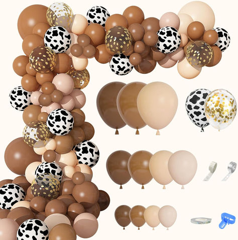 170Pcs Brown Cow Balloons Garland Arch Kit, Coffee Brown Neutral Blush Confetti Cow Print Balloons for Western Cowboy Cowgirl Farm Animal Themed Baby Shower Birthday Party Decorations Supplies #ad #western #babyshower #babyshowersupplies #babyshowerdecor #cowboybabyshower #westernbabyshower #cow Highland Cow Balloon Arch, Cowboy Balloons, Cow Print Balloon Arch, Cowboy Theme Party Decorations, Highland Cow Party, Cow Print Balloons, Cow Balloons, Matte Balloons, Cow Baby Shower Theme