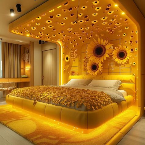 Soft Yellow Room Aesthetic, Sunflower Bedroom Decor, Bedroom Interior Colour, Sunflower Bedroom, Fairytale Bedroom, Sunflower Aesthetic, Beautiful Bedroom Colors, Tiktok Influencer, Dream Bedroom Inspiration