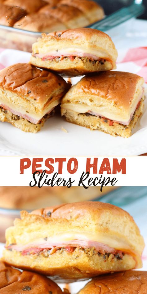 Pesto Ham Sandwich, Pesto Sandwich Ideas, Pesto Sliders, Ham Sliders Recipes, Ham Appetizers, Crowd Meals, Mini Slider, Pesto Dishes, Potato Buns