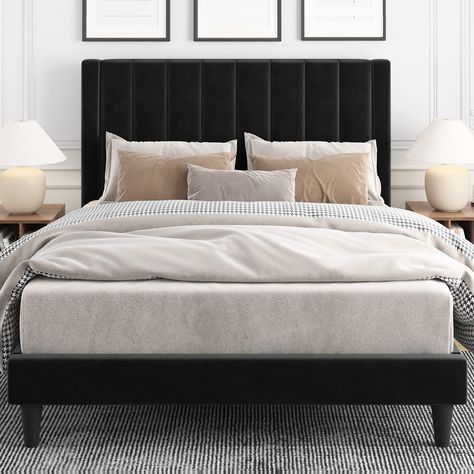 Black Tufted Headboard, Black Wooden Bed, Black Headboard Bedroom, Black Velvet Bed, Black King Bed, Platform Bed Frame With Headboard, Velvet Bed Frame, Tufted Platform Bed, Black Bed Frame