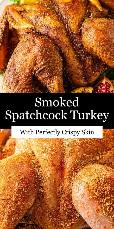 Make your next holiday meal one to remember and serve this succulent, crispy smoked spatchcock turkey! This turkey is coated with a flavorful dry rub and then smoked low and slow to infuse the perfect kiss of smoke into wonderfully tender, moist meat. The whole family is sure to fall in love with this smoked turkey. Smoked Spatchcock Turkey, Smoked Turkey Rub, Traeger Smoked Turkey, Spatchcock Turkey Recipe, Smoked Whole Turkey, Turkey Rub Recipes, Spatchcock Turkey, Pellet Smoker Recipes, Turkey Seasoning