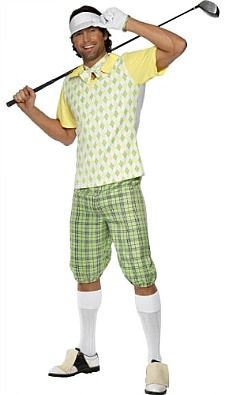 Man in funny golf outfit Carnaval Kind, Golf Costumes, Mens Fancy Dress, Sports Costume, Golf Party, Womens Fancy Dress, Golf Attire, Golf Dresses, Fancy Dresses Party