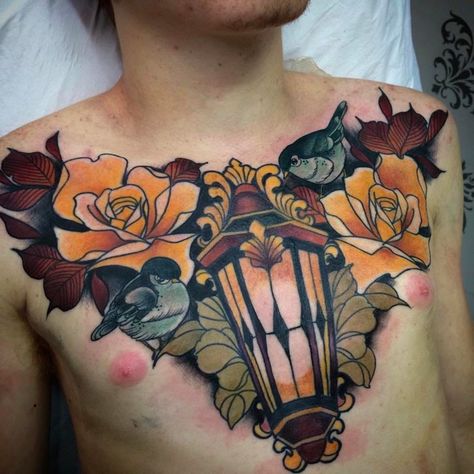 Neo Trad Chest Tattoo, Trad Chest Tattoo, Neo Traditional Roses, Lantern Tattoo, Traditional Tattoo Inspiration, Traditional Tattoo Flowers, Traditional Rose, Flower Tattoo Back, Cool Chest Tattoos