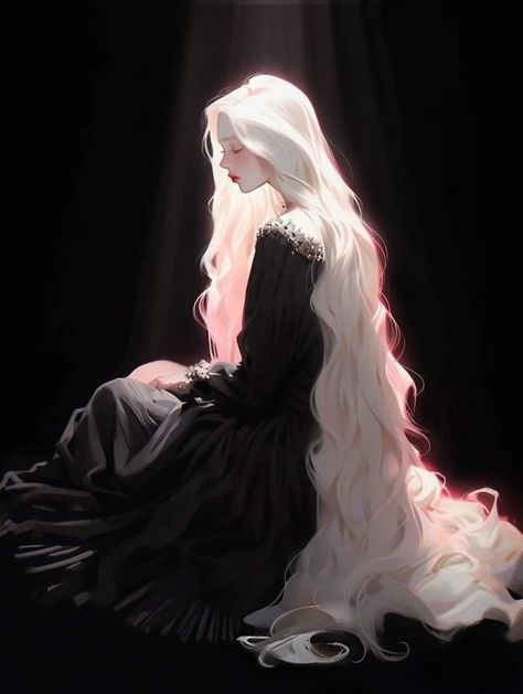 Long White Hair Character Design, Long White Hair Female Character Art, White Hair Vampire Female Art, White Haired Princess Art, Vampire With White Hair, Long Hair Character Design, White Hair Woman Art, Dhampir Female, White Hair Female Oc