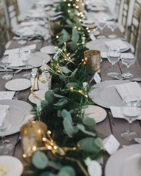 Emily Elizabeth on Instagram: “This center piece. Those twinkle lights. Ahhh 😍😍😍 • • • • • • • Second shot with @kathryngracephotography” Wedding Table Garland With Fairy Lights, Wedding Table Decor Fairy Lights, Centerpieces Wedding Lights, Twinkle Lights Table Decor, Twinkle Lights Wedding Centerpiece, Eucalyptus Fairy Lights Centerpiece, Fairy Lights Wedding Table Decor, Flameless Wedding Centerpieces, Wedding Table Decorations Fairy Lights