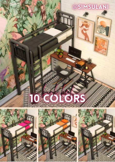 ☾ Bunk Bed II | Patreon Beds White, Black Bunk Beds, 4 Bunk Beds, Bunk Bed Room, Sims 4 Beds, Sims Stories, White Bunk Beds, Sims 4 Bedroom, The Sims 4 Packs