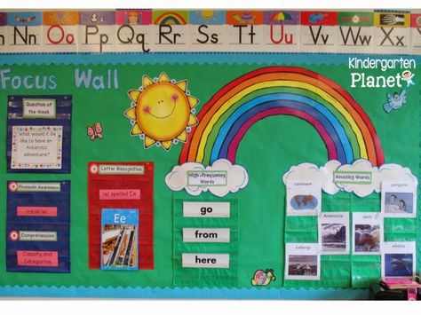 Here is a little peek into my classroom! This picture is kind of bright because of the windows, but it lets you see my classroom.  And, I ... Classroom Focus Wall, Curriculum Kindergarten, Focus Walls, Daily Focus, Focus Boards, Prek Classroom, Transitional Kindergarten, Esl Classroom, Focus Wall