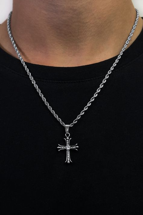 Presenting a stunning masterpiece of style and sophistication- our twisted rope chain with cross pendant. The alluring stainless steel make guarantees longevity and radiance, promising an ageless charm. It makes an exemplary gift option for multiple occasions including birthdays, Christmas, etc. The pendant's design integrates seamlessly with any ensemble, amplifying your style quotient. https://etsy.me/41AXh2T #silber #geburtstag #weihnachten #männer #edelstahl #karabiner #halskette Silver Cross Necklace Men, Silver Cross Necklace For Men, Silver Cross Necklace For Streetwear, Stainless Steel Cross Necklace For Streetwear, Silver Cross Pendant For Men, Cross Pendant Necklace Men, Streetwear Jewelry, Necklace Men, Silver Cross Pendant