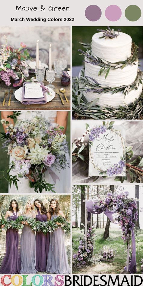 Top 8 March Wedding Color Combos for 2022 - ColorsBridesmaid March Wedding Colors, Lavender Wedding Colors, Sage Green Wedding Colors, Lavender Wedding Theme, Purple And Green Wedding, Wedding Theme Color Schemes, Sage And Lavender, Wedding Color Combos, Purple Wedding Theme