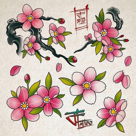 Josh Fullalove trên Instagram: “Cherry Blossom Flash sheet 🌸 Available to tattoo. I’m going to spam my stories with available flash to tattoo and I will make a highlight…” Japanese Tattoo Cherry Blossom, Traditional Japanese Tattoo Flash, Rose And Butterfly Tattoo, Sakura Tattoo, Floral Tattoo Shoulder, Japanese Flower Tattoo, Cherry Tattoos, Black Tattoo Cover Up, Flash Sheet